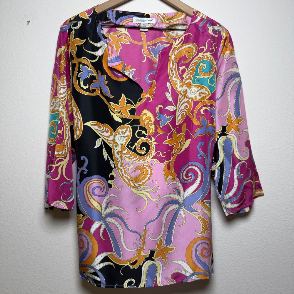 Coldwater Creek Women 100% SILK Blouse XL Pink Paisley 3/4 Sleeve Tie Back Artsy